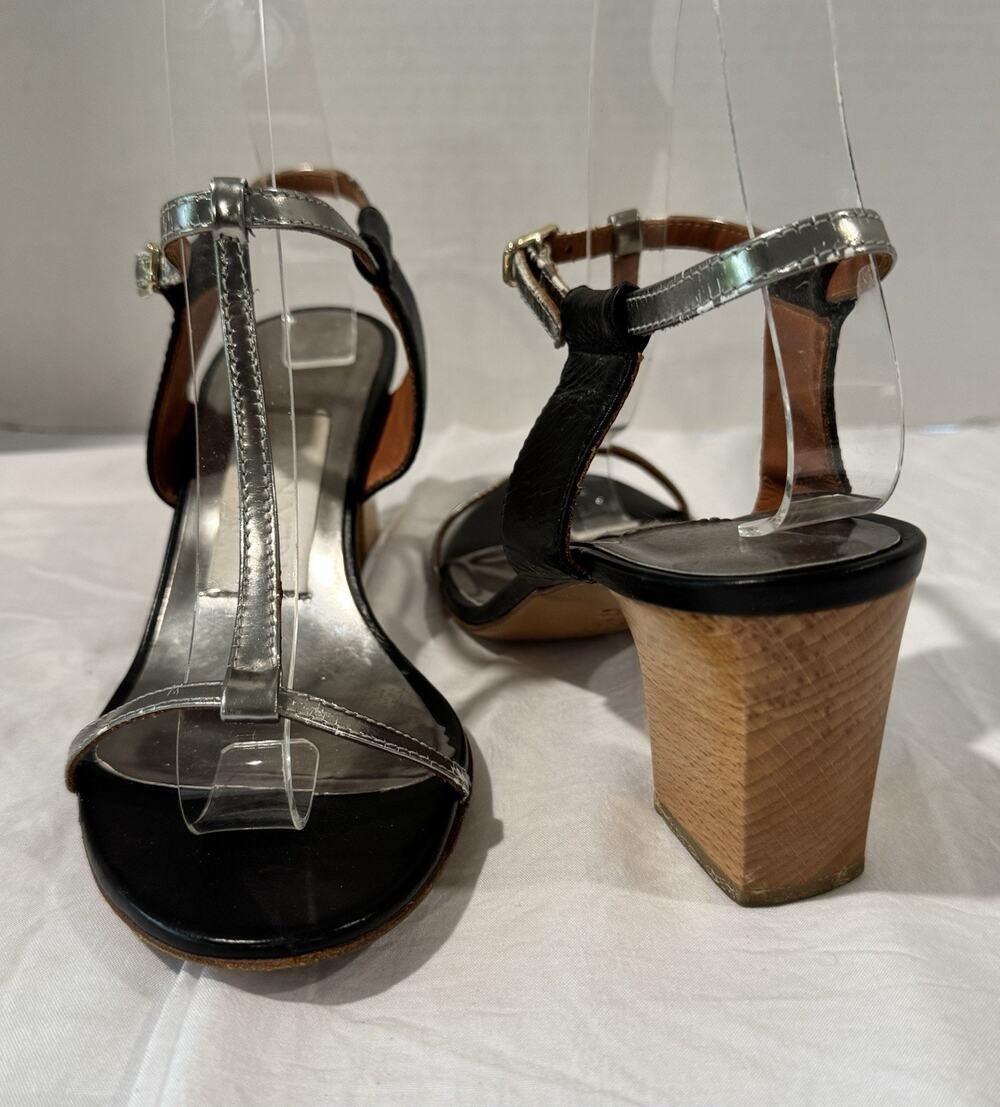 Lanvin 2008 Silver & Black Leather Wood Block Heel Sandals Size 37